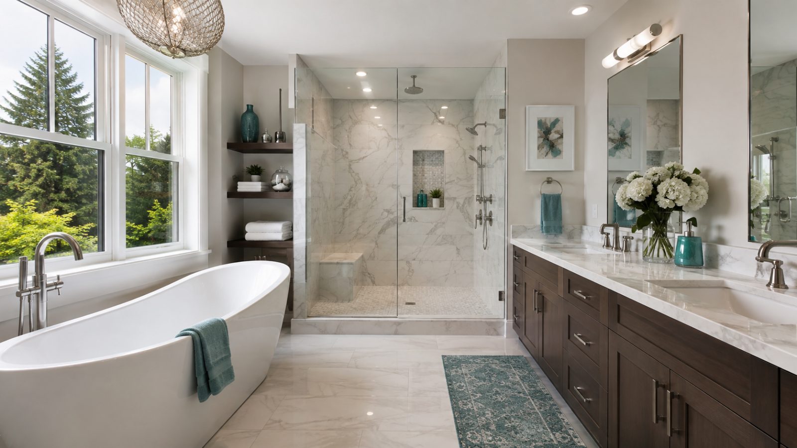 Complete bathroom remodel with new shower, flooring, vanity and lighting